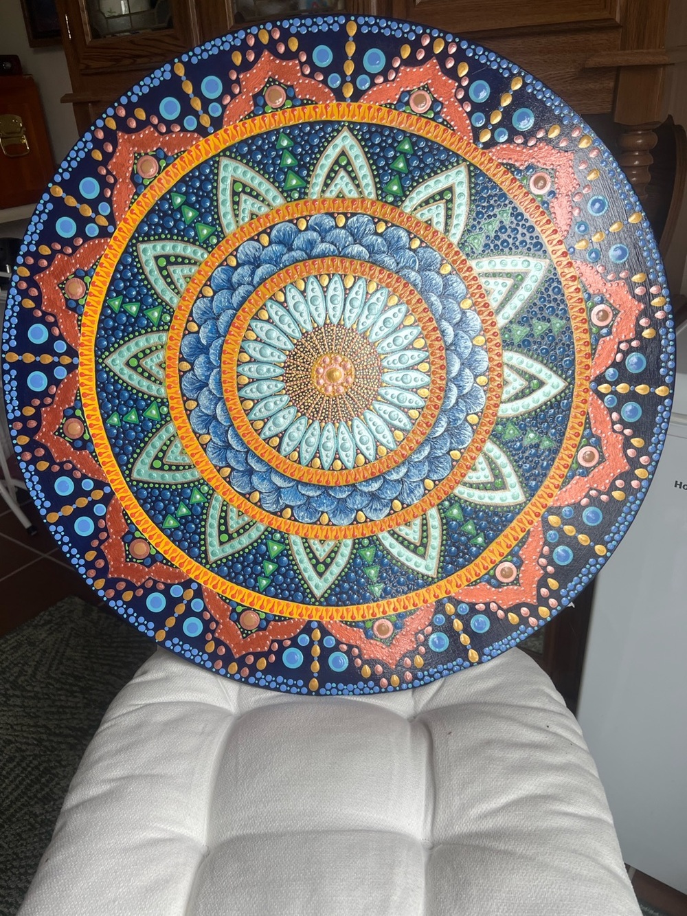 Hand-Painted Mandala Dot Art Wall Plaque - Blue, Orange, Green
